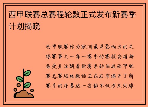 西甲联赛总赛程轮数正式发布新赛季计划揭晓