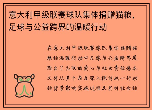 意大利甲级联赛球队集体捐赠猫粮，足球与公益跨界的温暖行动