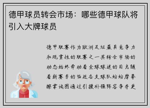 德甲球员转会市场：哪些德甲球队将引入大牌球员